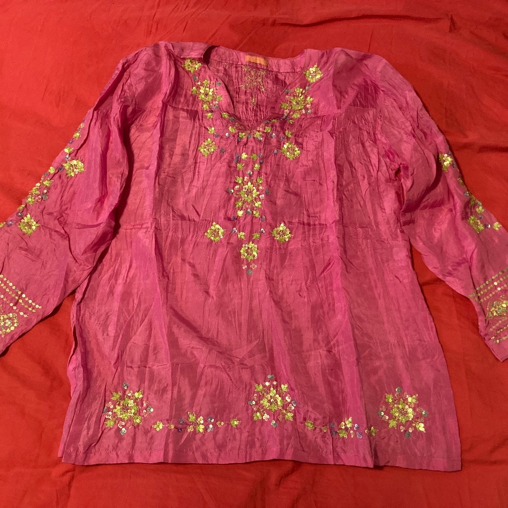 Glam Pink Silk Embroidered Tunic - Size M Excellent Condition!